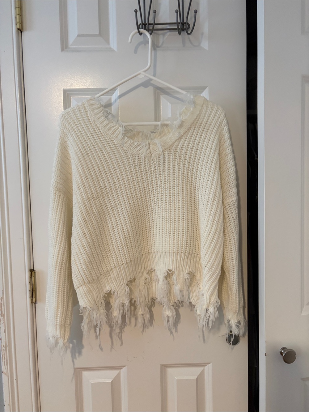 Love Tree Cream Distressed Fringe Waffle Knit Crew Sweater